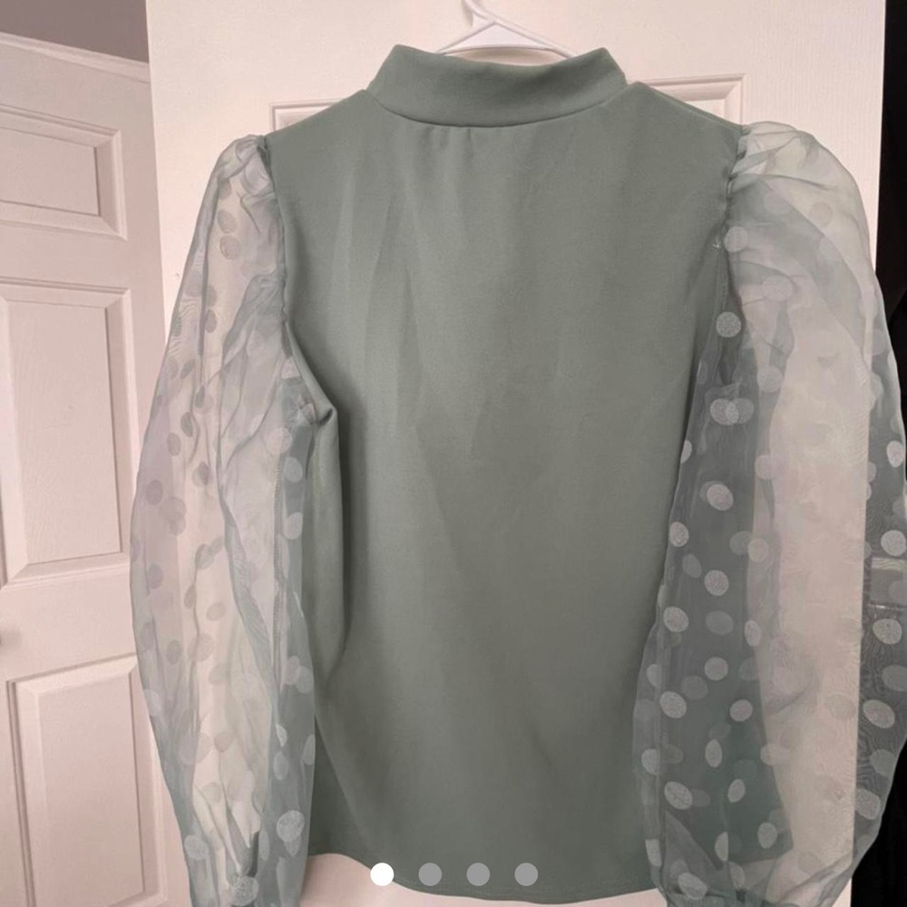 Sage Organza Puffed Polka Dot Sleeve Blouse